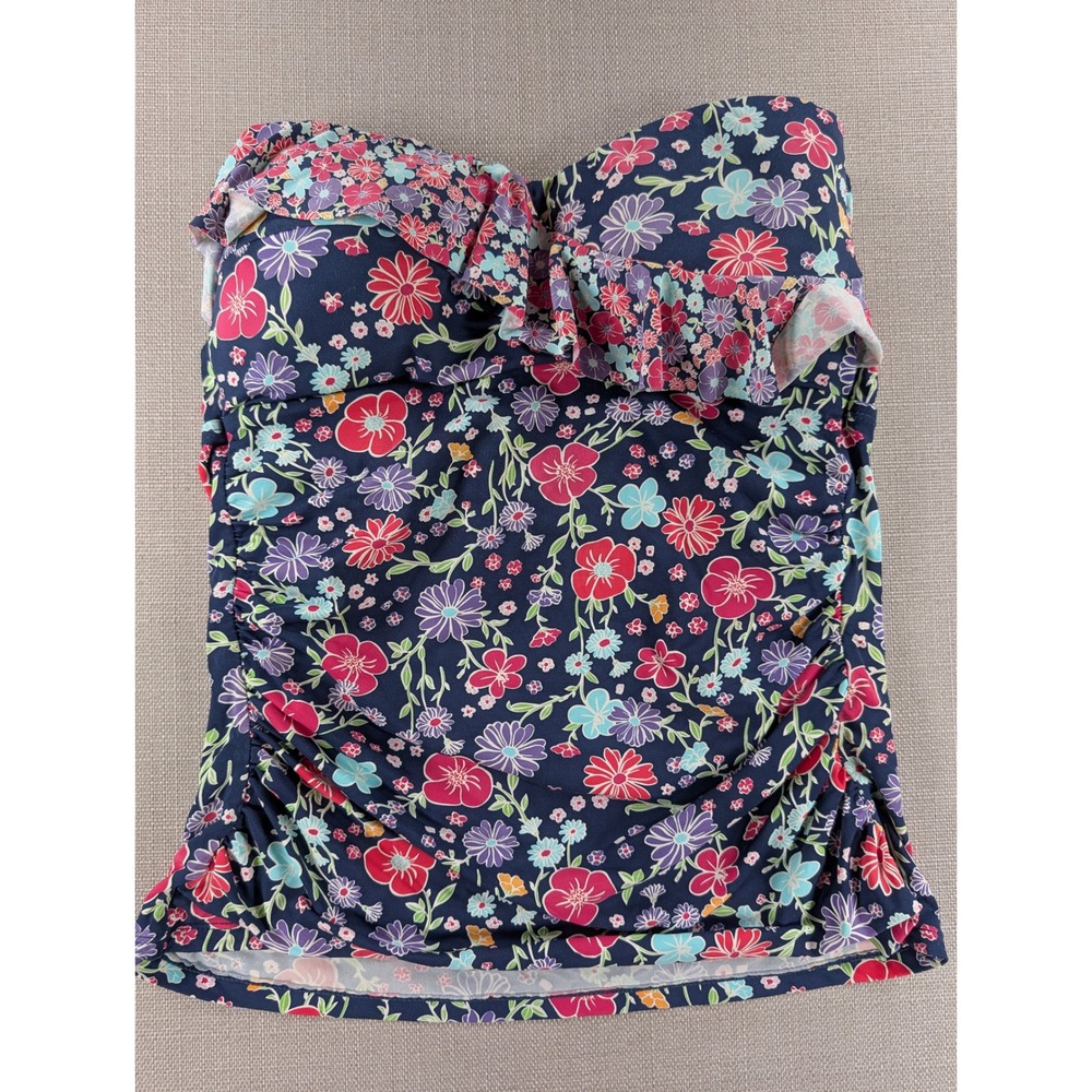 Liz Claiborne Floral Ruffle Tankini‎ Top Navy Blue Pink Medium Bathing Swimsuit